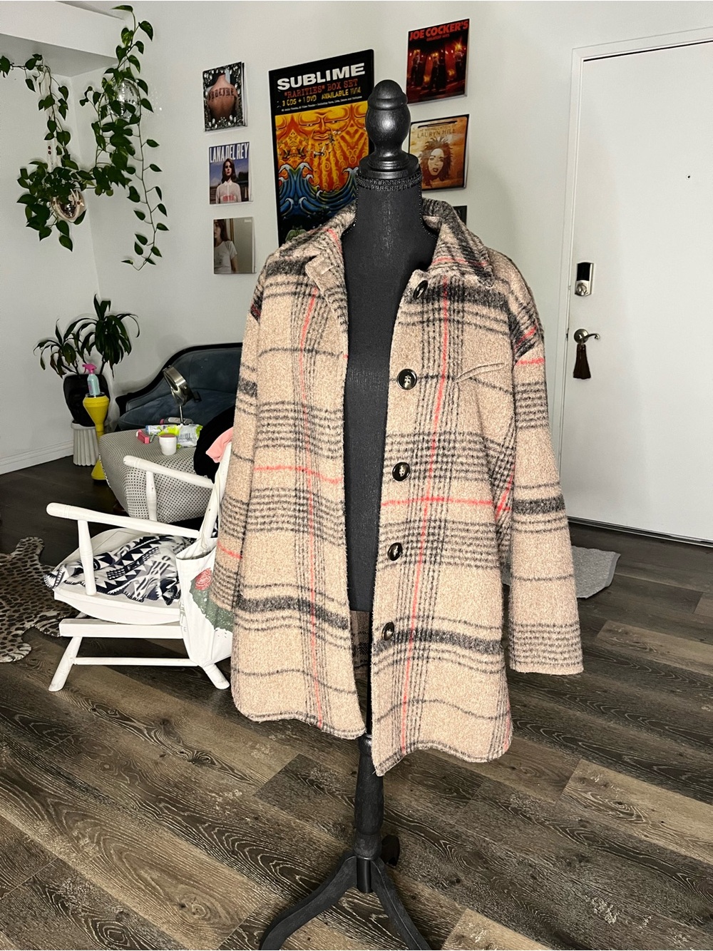 Olivaceous Beige Plaid Shacket with Black & Red Trim
